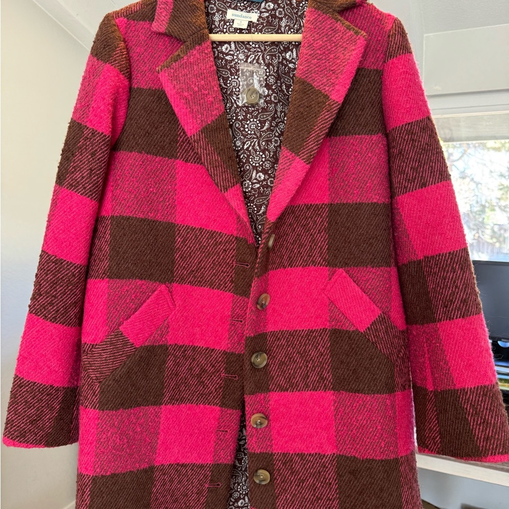 Sundance Ansley Pink and Brown Plaid Buffalo Check Women's Coat- new, never worn